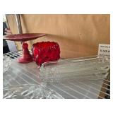 Red Glassware and Clear Glass Tray Set