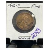 1916-S Lincoln Wheat Penny in Fine Condition