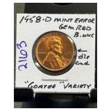 1958-D Lincoln Cent Mint Error, Gem Red