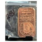 .999 Fine Copper 1 Ounce Bar