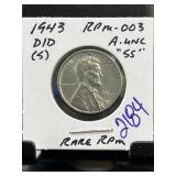 1943-D/D Lincoln Wheat Cent RPM-003 in Holder