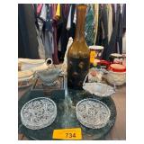 Glassware, Amber Bottle, and Metalware Lot