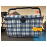 Blue Plaid Sewing Basket With Handle