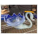 Hand-Blown Blue Swirl Glass Swan Vase