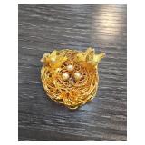 Gold-Tone Bird Nest Pin with Faux Pearls