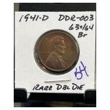 1941-D DDR-003 Lincoln Wheat Cent, Rare Double Die