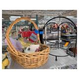Wicker Basket With Assorted Items and Metal Stand