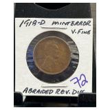 1918-D Lincoln Wheat Cent Abraded Reverse Die