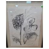 Framed Floral Charcoal Drawing With Signature