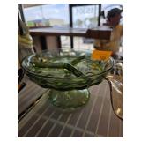 Green Glass Divided Serving Dish on Pedestal