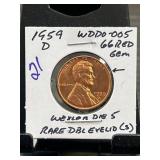 1959 D Lincoln Cent WDDO-005 Double Eyelid