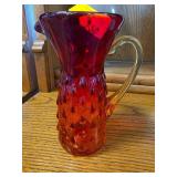 Amberina Glass Hobnail Pitcher with Applied Handle