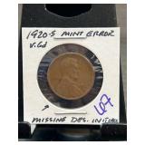 1920-S Lincoln Cent Mint Error Coin