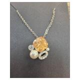 Silver-Tone Chain Necklace with Orange Gem Pendant