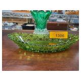Green Pressed Glass Vase and Dish Set