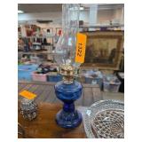 Blue Glass Oil Lamp with Clear Chimney