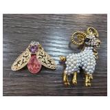 Gold-Tone Insect and Ram Brooch Set