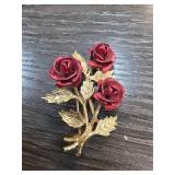 Gold-Tone Floral Brooch With Red Roses