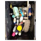 Black Storage Bin With Assorted Cleaning Items