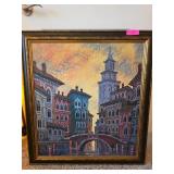 Framed Artwork of Urban Scene with Tower