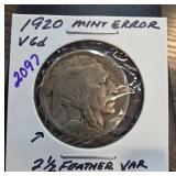 1920 Mint Error Buffalo Nickel, 2 1/2 Feather