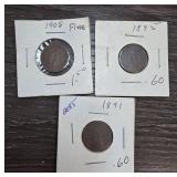 Three Canadian Large Cent Coins from 1891, 1895, 1