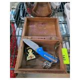 Wooden Carved Box With Knife and Accessories