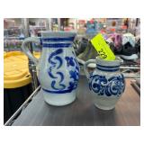 Two Blue and White Stoneware Pitchers