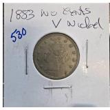 1883 Liberty Head V Nickel " No Cents Variety