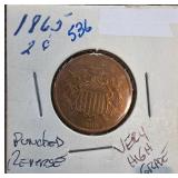 1865 Two-Cent Coin in Display Holder