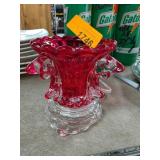 Red and Clear Glass Vase with Scalloped Rim