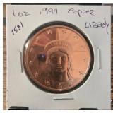 1 Oz .999 Copper Round with Liberty Design