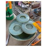 Green Glazed Ceramic Candleholders and Plate