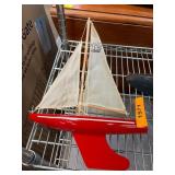 Red Painted Wooden Model Sailboat