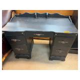 Black Wooden Desk With Drawers and Back Shelf