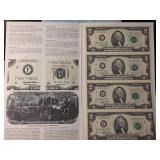 1995 Uncut Sheet of U.S. $2 Bills in Folder