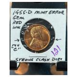 1955-D Mint Error Lincoln Cent Gem Red