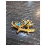 Gold-Tone Bird and Nest Pin With Turquoise Accents