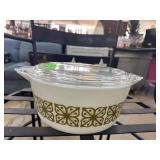 Pyrex White Dish with Green Pattern and Lid