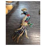 Gold-Toned Peacock Brooch with Multicolored Enamel