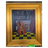 Framed Oil Painting of Cello in Interior Scene