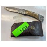 Folding Pocket Knife with Leather Sheath