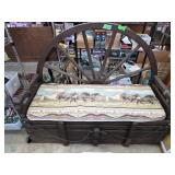 Wooden Storage Bench with Wagon Wheel Backrest