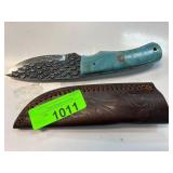 Damascus Steel Knife with Blue Handle and Sheath