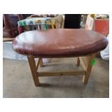 Wooden Stool with Brown Leather Upholstery