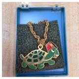 Gold-Tone Shriner Turtle Pendant Necklace With Cha