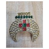 Gold-Tone Crescent Pin With Colored Stones