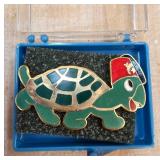 Gold Tone Enameled Turtle with Fez Pin