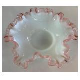 Fenton Ruffled White Glass Bowl With Pink Edging