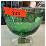 Green Glass Bowl with Snowflake Etching